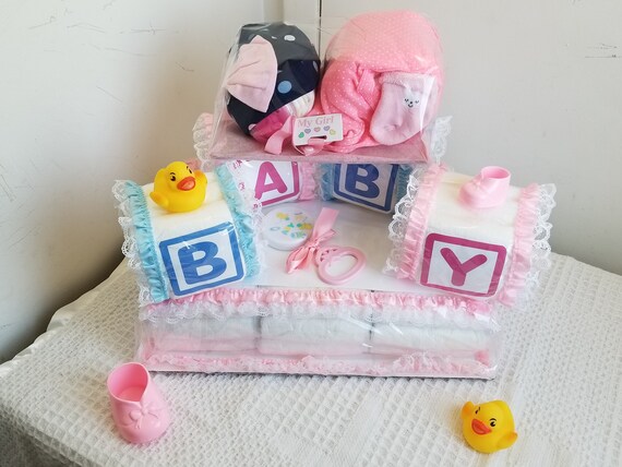 Alphabet Baby Block Diaper Cake Baby Shower Gift Set Basket Centerpiece 
