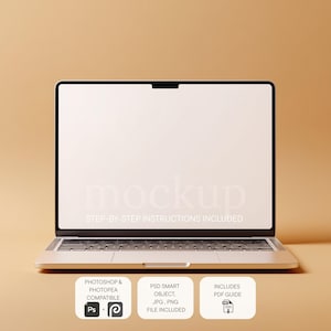 May include: A silver laptop with a blank white screen, open on a beige surface. The screen displays the word "mockup" and "STEP-BY-STEP INSTRUCTIONS INCLUDED". Below the laptop are three white rectangular icons with text and logos, including "PHOTOSHOP & PHOTOPEA COMPATIBLE".