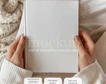 May include: A white book mockup held by a person wearing a white sweater. The book has the word "mocku" printed on it, with the text "STEP-BY-STEP INSTRUCTIONS INCLUDED" below. The image also includes icons and text indicating compatibility with Photoshop and Photopea, and a PDF guide.