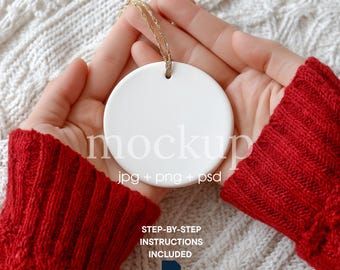 Christmas Ornament Mockup, Round Ceramic Ornament Mock Up, Print on Demand Ornament with Gold String, Photoshop PSD, Canva PNG