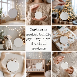 May include: A Christmas mockup bundle featuring eight unique designs. The image showcases various scenes with a round, white ornament hanging from a gold string. The scenes include a puppy, wrapped gifts, and cozy interiors.