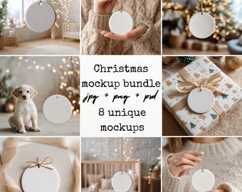Christmas Ornament Mockup Bundle, Round Ceramic Ornament Mock Up, Print on Demand Ornament with Gold String, Holiday Mockups Smart Object