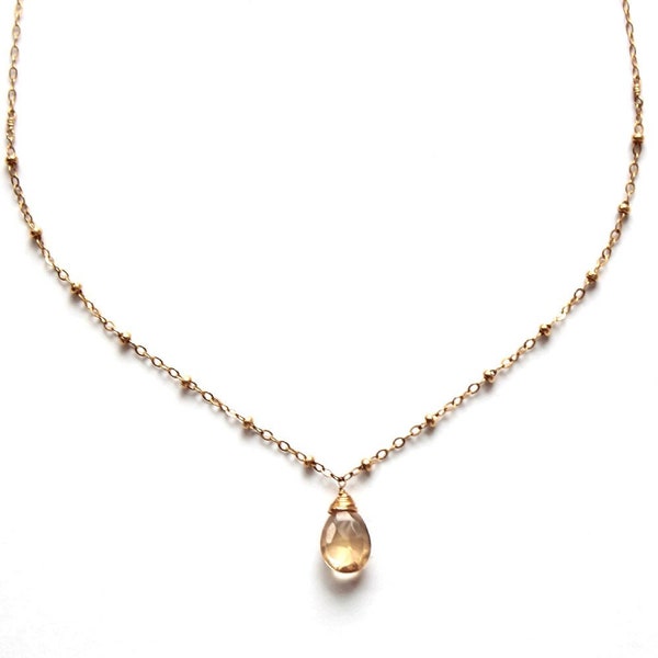 Champagne Quartz Pendant / Gold Beaded Chain Champagne Quartz / Beaded 14k Gold Filled Chain Teardrop Necklace / Layering Pendant