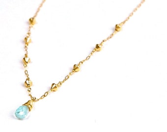 Blue Topaz Drop Pendant - Blue Topaz Necklace - 14K Gold Filled Chain Necklace - Delicate Gold Necklace with Pale Blue Gemstone