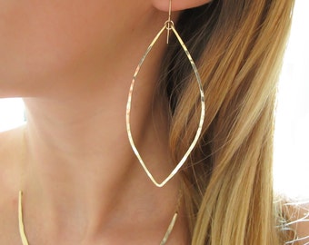 XL Leaf Earrings - 3 Inch Long 14K Gold Fill, Rose Gold Fill or Sterling Silver Leaf Shaped Hoop Earrings - Long Hammered Drop Earrings