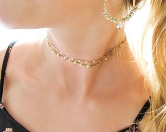 Gold Choker Necklace - Gold Filled Choker Wrap - 14k Gold Fill Chain Gold Wrap Necklace - Double Choker - Sequin Gold Double Strand Choker