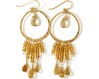 Citrine Hoop Earrings - Hessonite Champagne Quartz Drops - 14k Gold Filled Drop Hoop Earrings with Citrine and Hessonite Briolettes