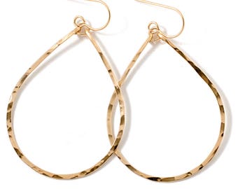 Gold Teardrop Hoop Earrings / Teardrop Silver Earrings / Gold Fill Sterling Silver or Rose Gold Hammered Tear Drop Hoops - Silver Hoops