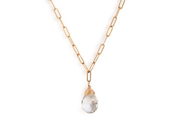Colgante de cadena de cuarzo de cristal / plata de ley o oro de 14k relleno y collar de cadena delicada de cuarzo de cristal / collar colgante de cuarzo simple