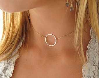 Gold Choker Necklace - Gold Circle Choker - Silver Circle Necklace - Silver Choker Necklace - Hammered Gold or Silver Chain Choker Necklace