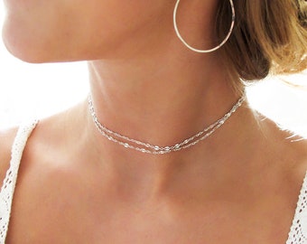 Silver Choker Necklace - Silver Choker Wrap - Sterling Silver Chain Silver Wrap Necklace - Double Choker - Silver Double Strand Choker