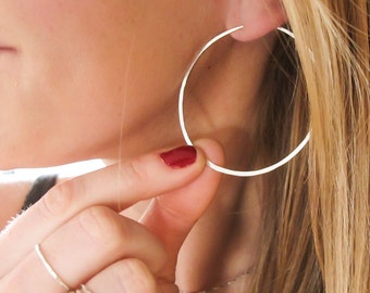 Silver Hoop Earrings - Thin Silver Hoop Earrings - Hammered Sterling Silver Hoops - 2" Large Hoops - Nickel Free Silver Hoops - Thin Hoop