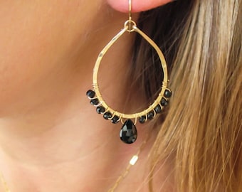 Black Spinel Earrings - Spinel Arc Hoops - 14K Gold Fill Teardrop Hoop Earrings and Black Spinel - Black and Gold Gold Teardrop Earrings