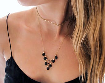 Black Spinel Gemstone Bib Necklace - Long Gemstone Necklace - Long 14k Gold Filled Black Spinel Gemstone Necklace - Black and Gold Necklace