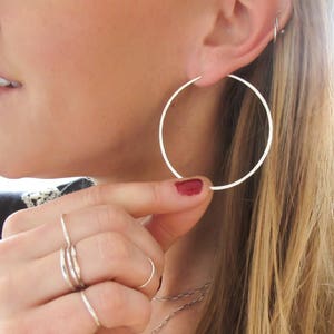Gold Hoop Earrings Thin Gold Hoops Thin Hammered Hoops Silver or Rose Gold Hoops Straight Through Endless Hoops 2 Large Hoops image 8