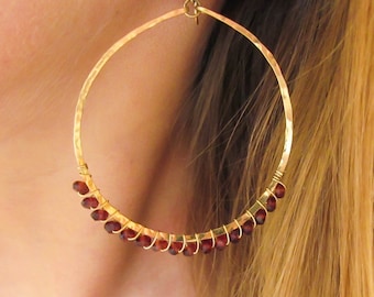 Large Garnet Arc Hoops - 14k Gold Filled and Garnet Hoop Earrings- Bottom Wrapped Garnet Stones - Large Hoops with Red Garnet