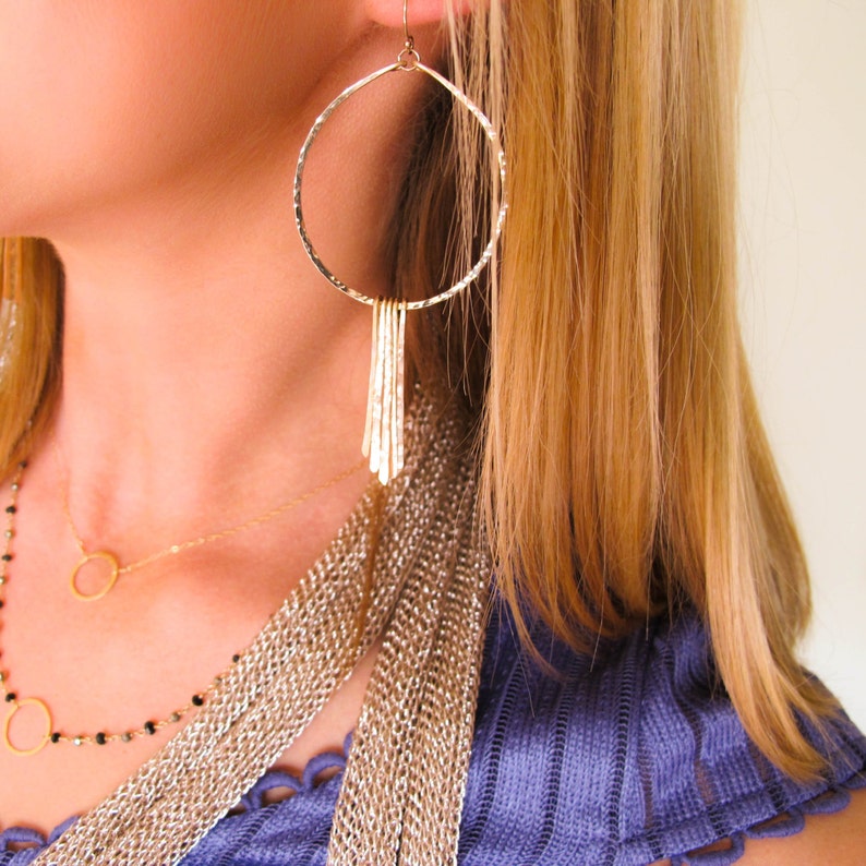 XL Gold Fringe Hoops / Gold Fringe Earrings / 3 inch 14K Gold Filled Fringe and Large Hammered Hoop Earrings image 6