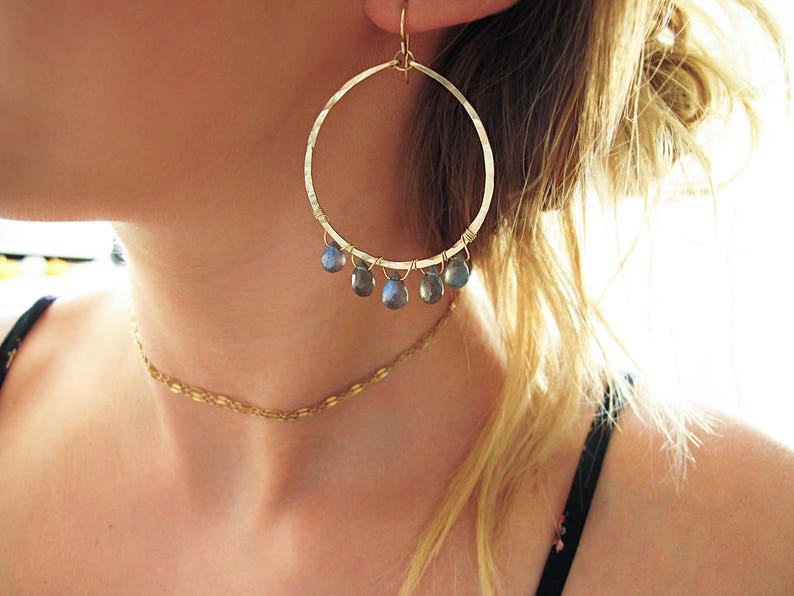 Labradorite Earrings Labradorite and 14k Gold Fill Hoop Earrings Gold Hoop Earrings Labradorite Hoop Earrings Hammered Gold Hoops