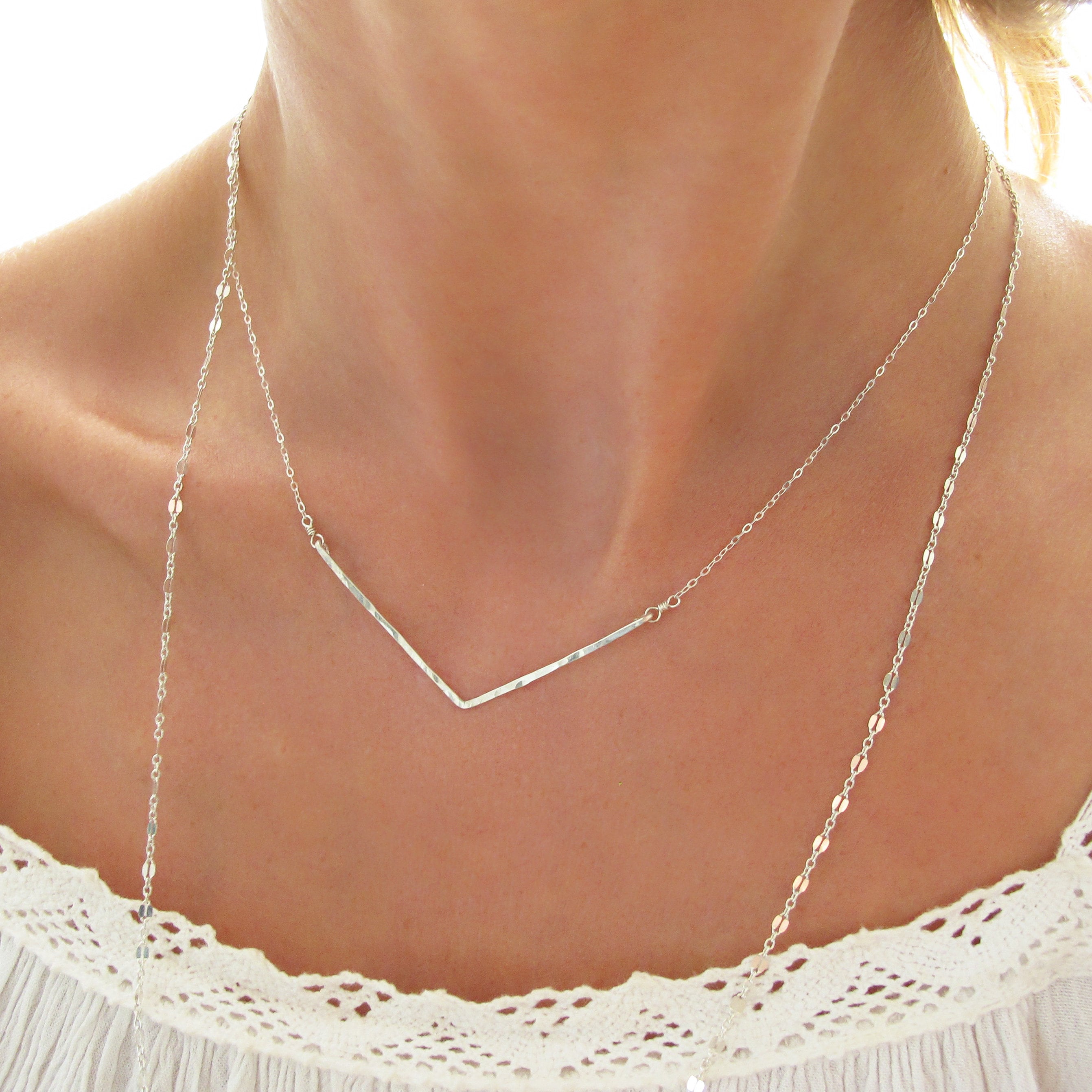 V necklace. Silver chevron necklace. V letter necklace. 18K gold