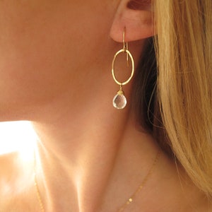 Crystal Quartz Drop Earrings with Gold Oval Earring / Petite Crystal Quartz Dangle Earrings / Crystal Quartz And Gold Circle Earrings