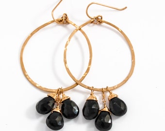 Black Stone Earrings - 14k Gold Filled Hoops - Hammered Gold Hoop Earrings with Black Spinel Gemstones