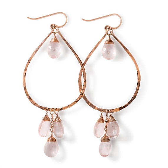 Rose Quartz Earrings with Gold Leaves
