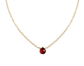 Small Garnet Pendant - Garnet 14K Gold Filled Sterling Silver Pendant /  Red Garnet Necklace - Delicate Semi Precious Gold Layer Necklace