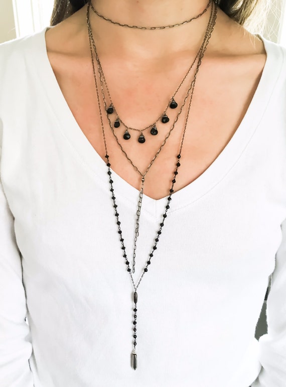 Black and White Red Bead Necklace Sterling Silver Gunmetal Finish Hammered Long Endless Style Black and White Red Bead Necklace Sterling Silver Gunmetal Finish Hammered Long Endless Style