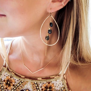 Black Spinel Falls Hoops - 14k Gold Filled and Black Spinel Hoop Earrings / Large Gold Oval Hoops / Hammered Gold Hoop Gemstone Earrings