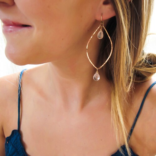 Rose Quarz Rose Gold Leaf Hoops - Handmade Rose Gold Earrings - Delicate Rose Quartz Earrings - Hammered Leaf shops Shaped Rose Gold Hoop Earrings