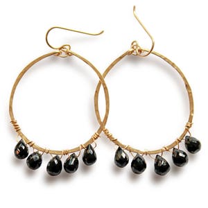 Black Spinel Hoop Earrings - Hand Hammered 14K Gold Filled and Black Spinel Gemstone Hoops - Black Semi Precious Stone Dangle Earrings