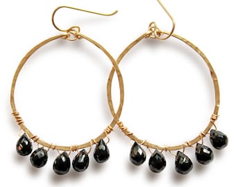 Black Spinel Hoop Earrings - Hand Hammered 14K Gold Filled and Black Spinel Gemstone Hoops - Black Semi Precious Stone Dangle Earrings