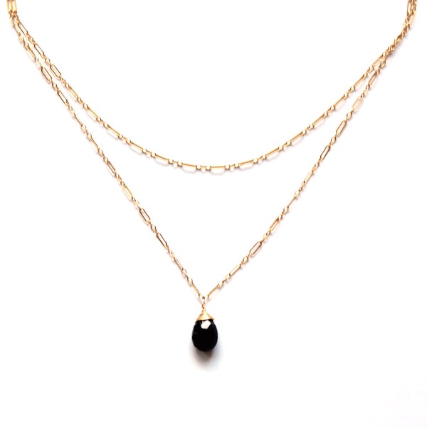 Black Spinel Choker Wrap Pendant // 14K Gold Filled Double Wrap Choker // Double Strand Necklace - Gold Chain Choker - Silver Chain Choker