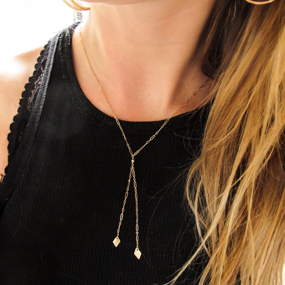 Gold Lariat Necklace - "Diamond Lariat" - Gold Y Necklace - 14k Gold…