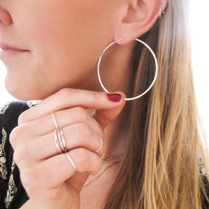 Gold Hoop Earrings Thin Gold Hoops Thin Hammered Hoops Silver or Rose Gold Hoops Straight Through Endless Hoops 2 Large Hoops image 6