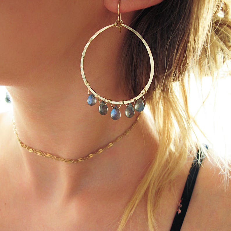 Labradorite Earrings Labradorite and 14k Gold Fill Hoop Earrings Gold Hoop Earrings Labradorite Hoop Earrings Hammered Gold Hoops