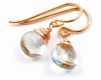Green Amethyst Gemstone Drops - Small Pale Green Amethyst Earrings Wrapped with 14K Gold Filled, Rose Gold Filled, or Sterling Silver Wire