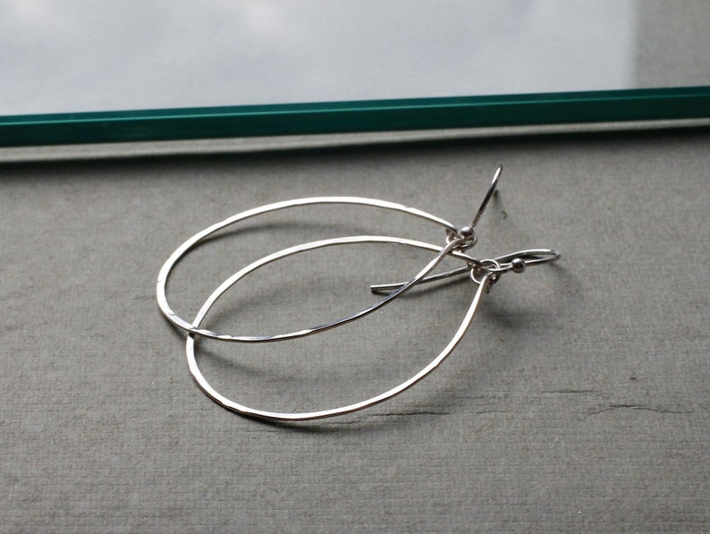 Silver Hoop Earrings Thin Silver Hoops Thin Oval Sterling Silver Hand Hammered Hoop Earrings Delicate Hammered Silver Hoop Earrings image 2