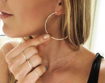 Gold Hoop Earrings - Thin Gold Hoops - Thin Hammered Hoops - Silver or Rose Gold Hoops - Straight Through - Endless Hoops -  2" Large Hoops