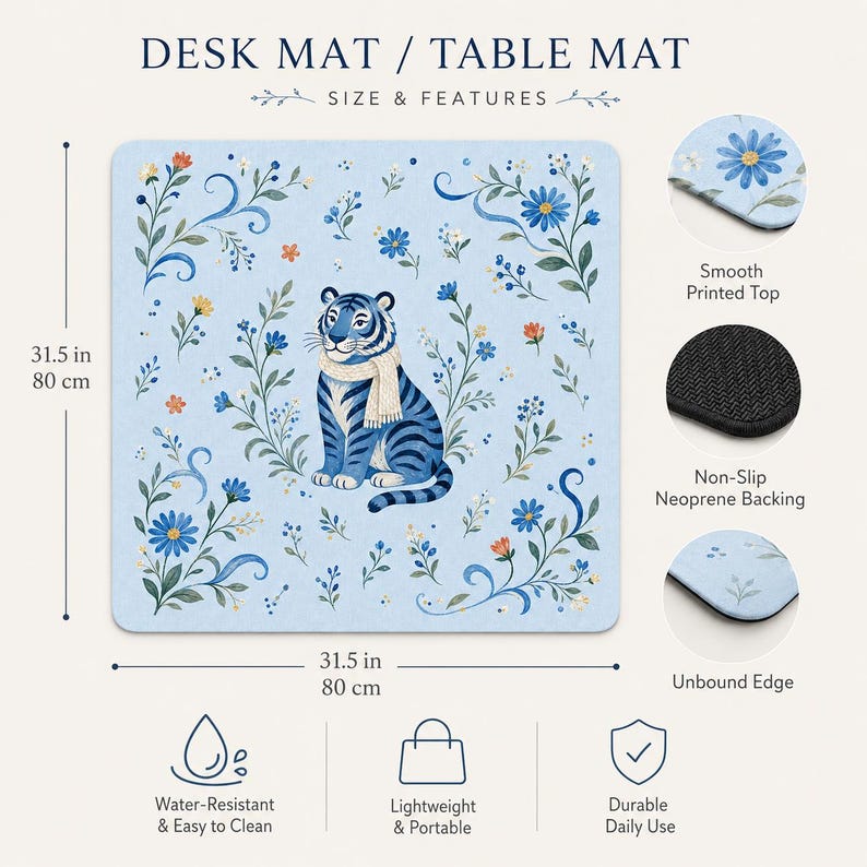 Blue tiger mahjong mat size chart showing 31.5 x 31.5 inch and 80 x 80 cm