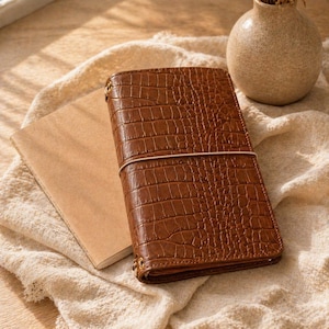 Personalized Crocodile Embossed Cowhide Trifold Notebook Cover, Refillable Leather Journal Cover, Custom Planner Gift