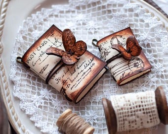 Personalized Mini Leather Book Necklace, Custom Name Tiny Journal Pendant, Vintage Postcard Butterfly Notebook Charm Gift