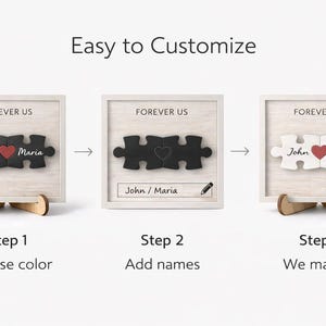 May include: A customizable wooden puzzle with the text "FOREVER US". The puzzle pieces are black, white, and red, with the names "John" and "Maria". The image shows the steps to customize the puzzle.