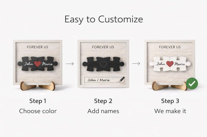 May include: A customizable wooden puzzle with the text "FOREVER US". The puzzle pieces are black, white, and red, with the names "John" and "Maria". The image shows the steps to customize the puzzle.