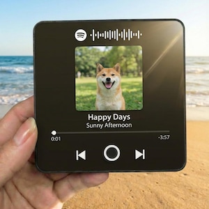 May include: A black square with a Spotify interface displays a Shiba Inu dog image with the text "Happy Days" and "Sunny Afternoon." The background shows a beach and ocean.