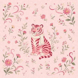 Puede incluir: Un tigre rosa con una bufanda blanca, rodeado de flores rosas y hojas verdes sobre un fondo rosa claro. El tigre tiene rayas rosas y est&aacute; sentado. Los elementos florales incluyen margaritas y peque&ntilde;os capullos.