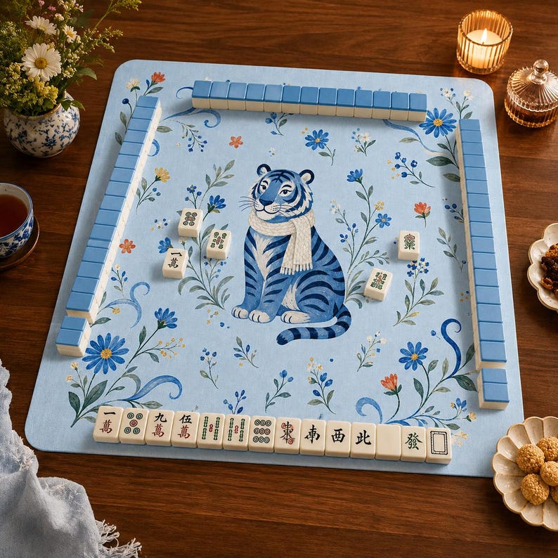 Chinoiserie tiger mahjong table mat styled for cozy game night