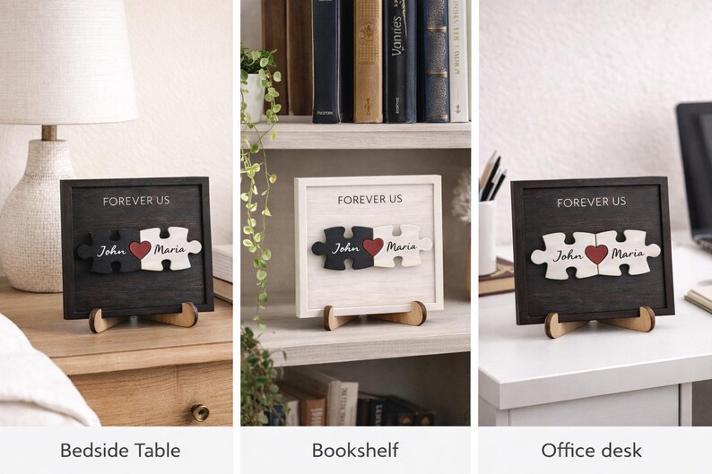 May include: A wooden puzzle piece sign with the words "FOREVER US". The puzzle pieces are black and white, with the names "John" and "Maria" and a red heart. The sign is displayed on a wooden stand.