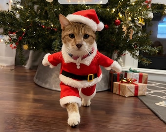 Disfraz de gato de Papá Noel: traje navideño de peluche para perros pequeños