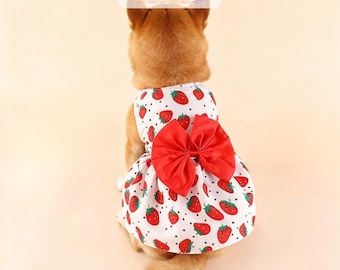 Strawberry Print Dog Dress with Satin Bow